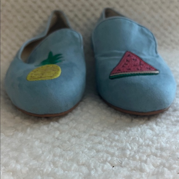 YULL Womens Loafers Blue Embroidered Watermelon and Pineapple size UK  7 US 9 - Picture 2 of 10